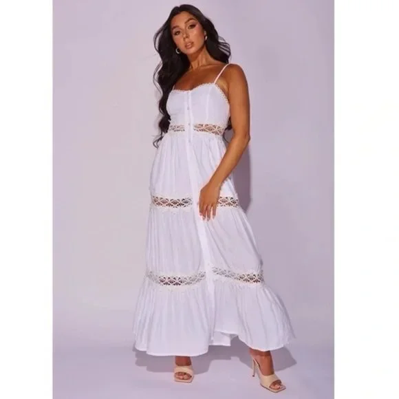 White Sleeveless V-Neck Crochet Trim Tiered Maxi Dress - Picture 1 of 9